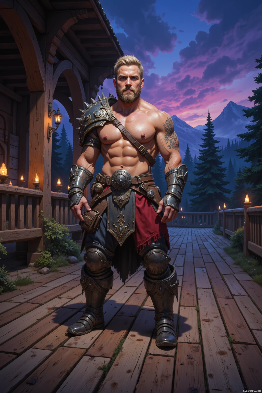 A muscular man in armor stands on a wooden deck with a scenic mountain backdrop.