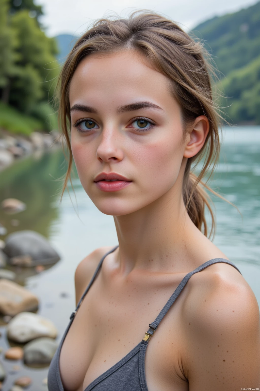 A young woman with light brown hair and green eyes stands near a river with a forested background.