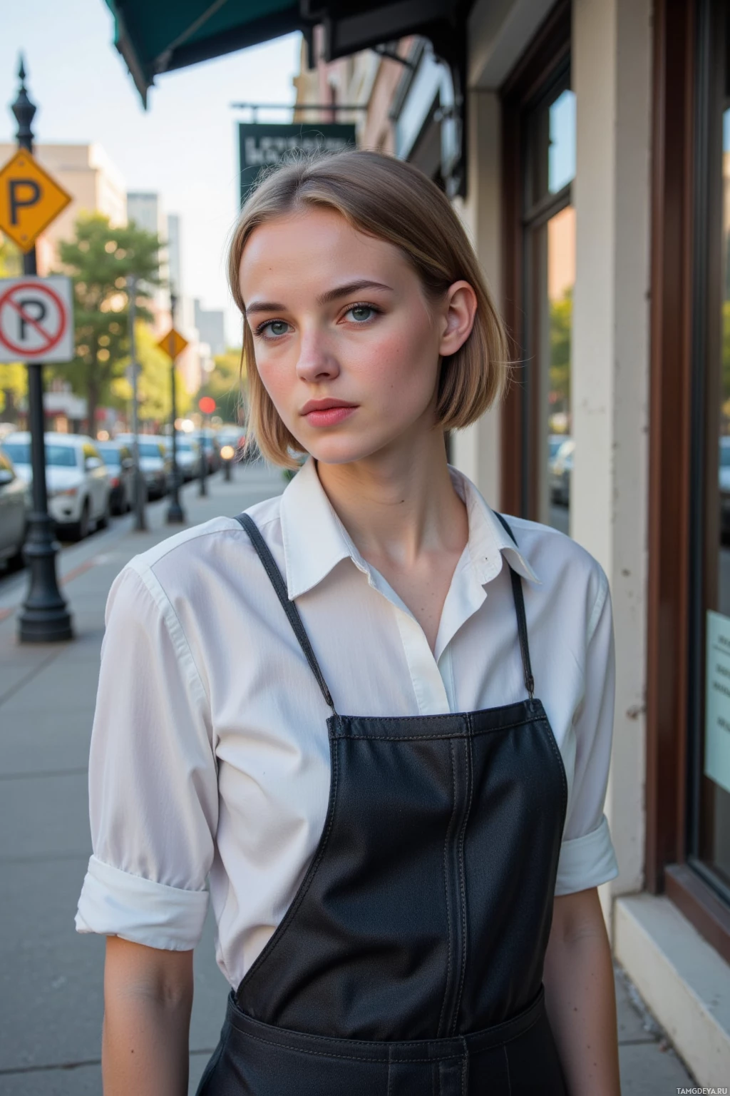 A person wearing a white shirt and a black apron stands on a sidewalk.