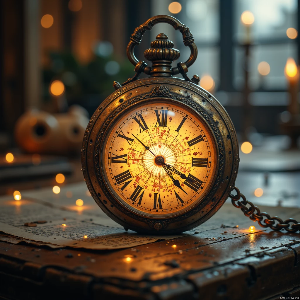 An ornate pocket watch with Roman numerals rests on a wooden surface with a blurred background.