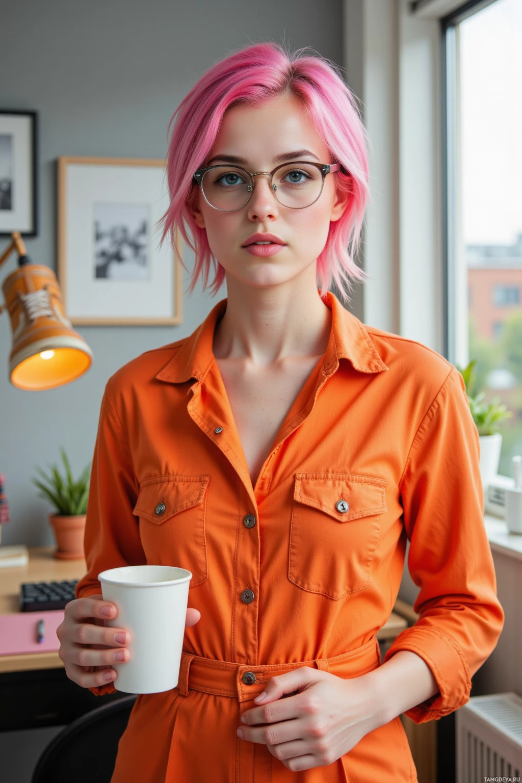A person with pink hair and glasses holds a white cup in an office setting.