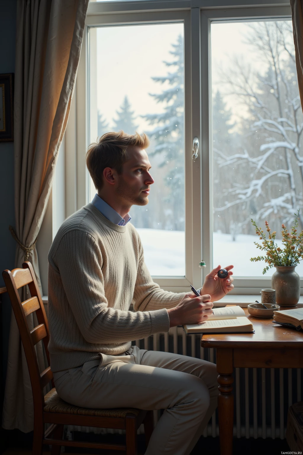 A man sits at a desk by a window, writing in a notebook.