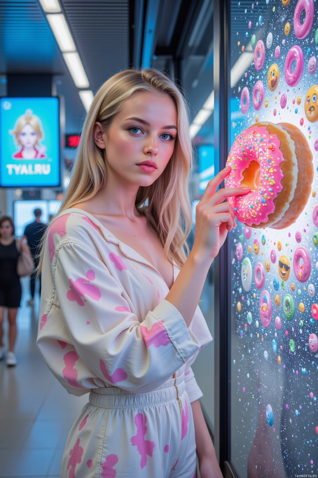 A person in a pastel outfit holds a pink frosted donut in front of a colorful display.