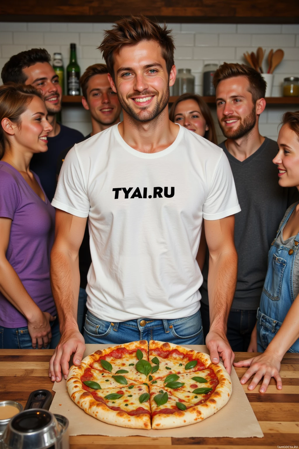 A group of people gather around a pizza on a wooden table in a kitchen setting.