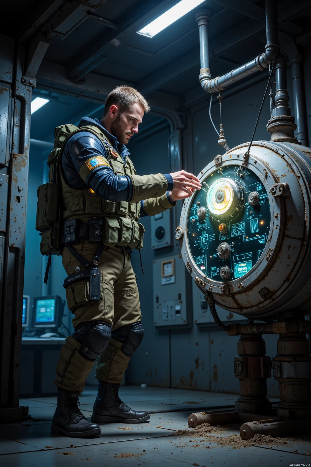 A person in tactical gear interacts with a large, futuristic control panel in an industrial setting.