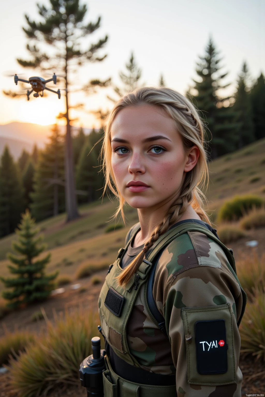 A person in military attire stands outdoors with a drone flying above and trees in the background at sunset.