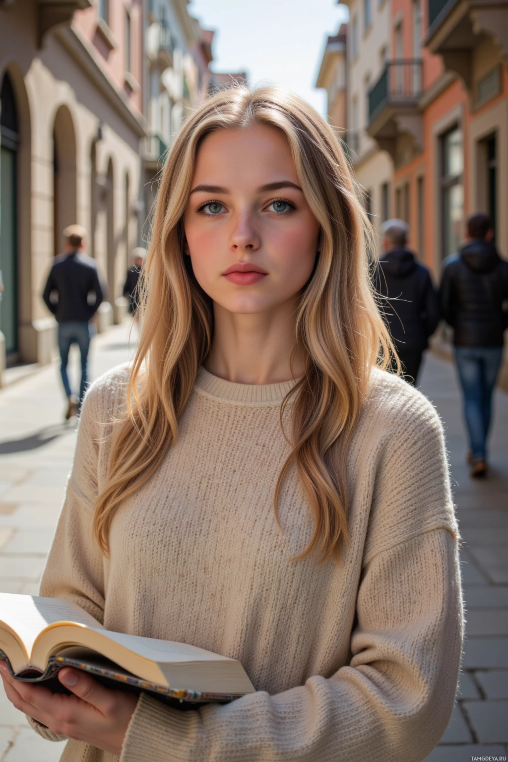 A person wearing a beige sweater holds an open book while standing on a street with buildings in the background.