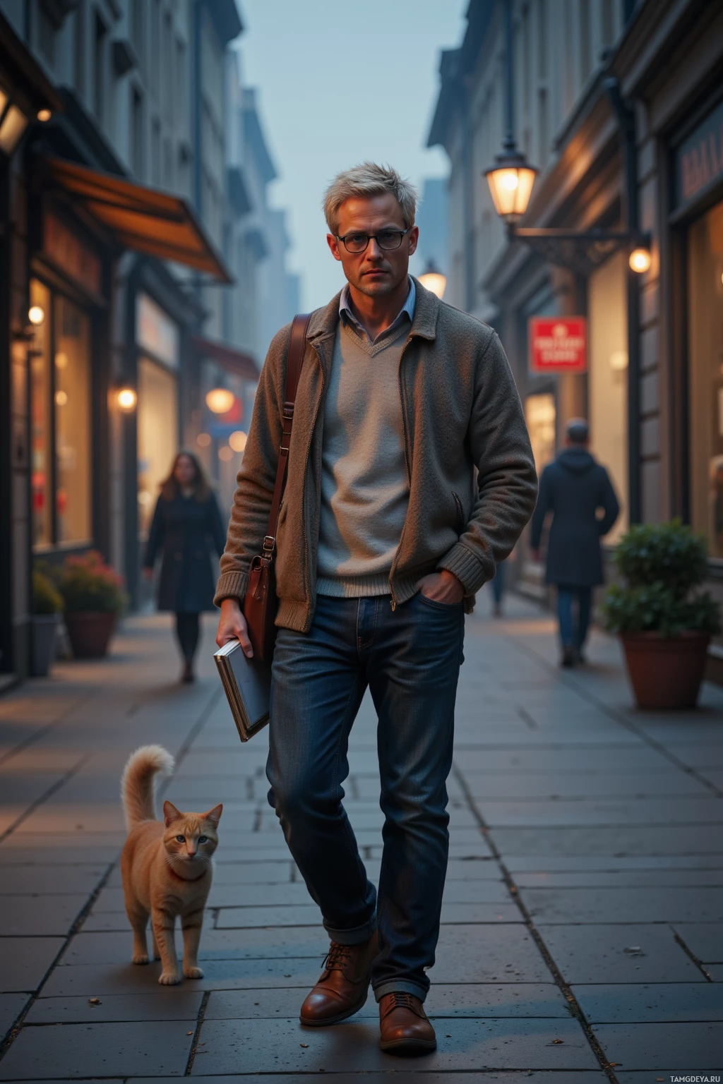 A man walks down a city street with a cat following him.