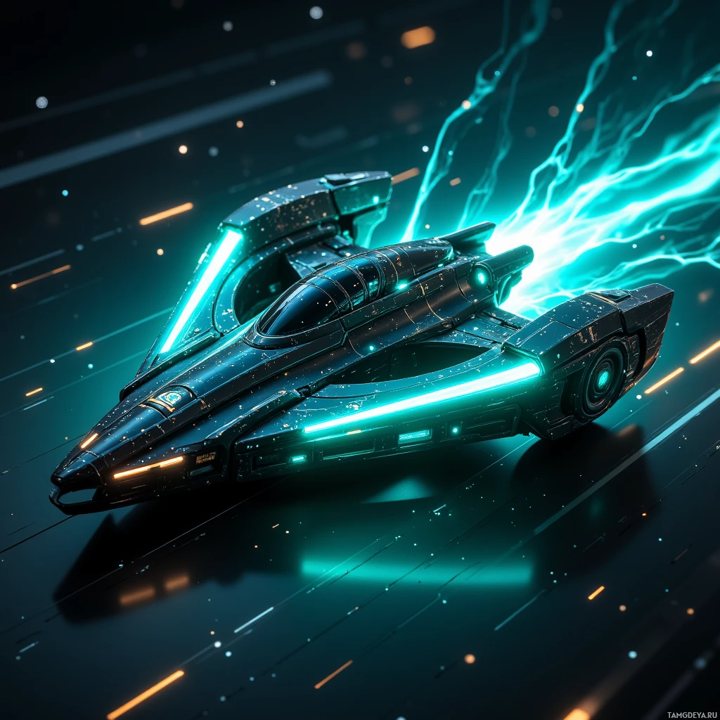A futuristic vehicle with glowing blue and orange lights is depicted in motion against a dark background.