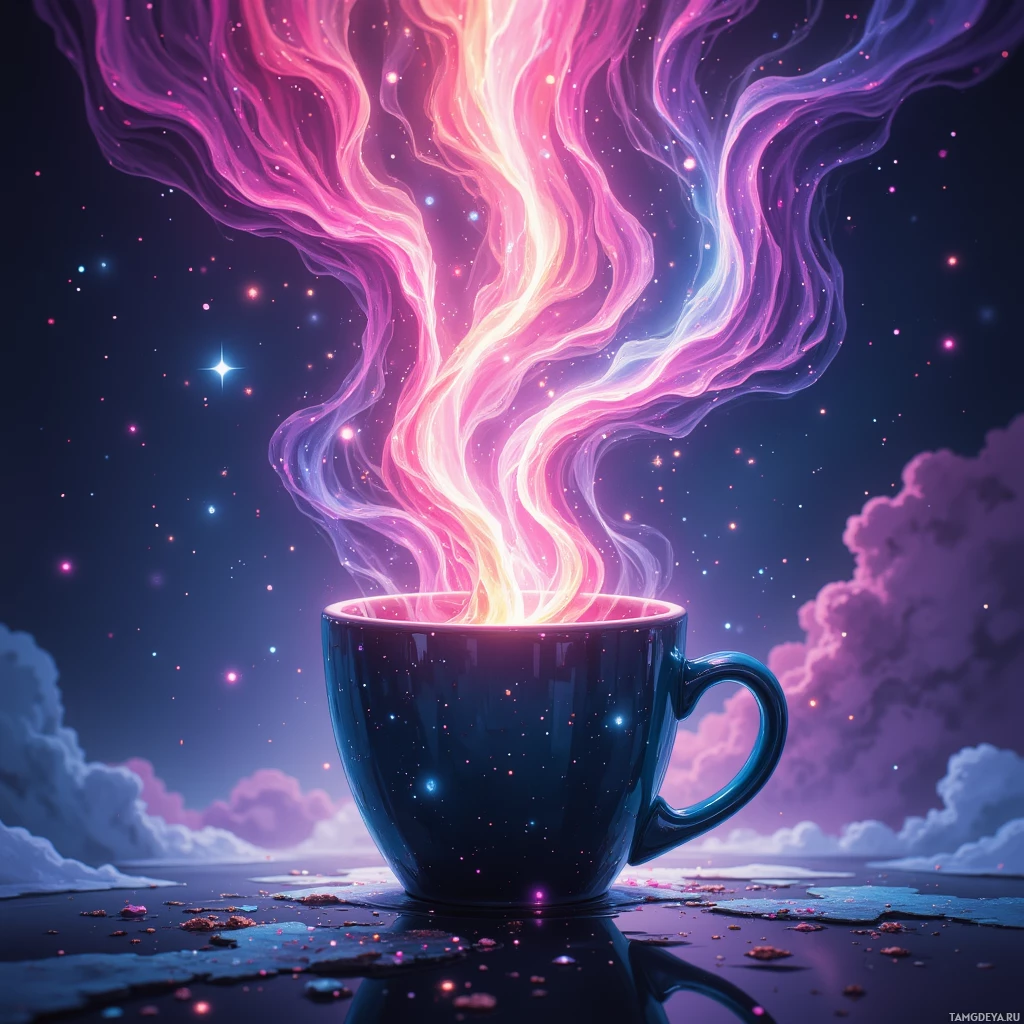 A vibrant, cosmic scene featuring a glowing cup with swirling, colorful smoke against a starry sky.
