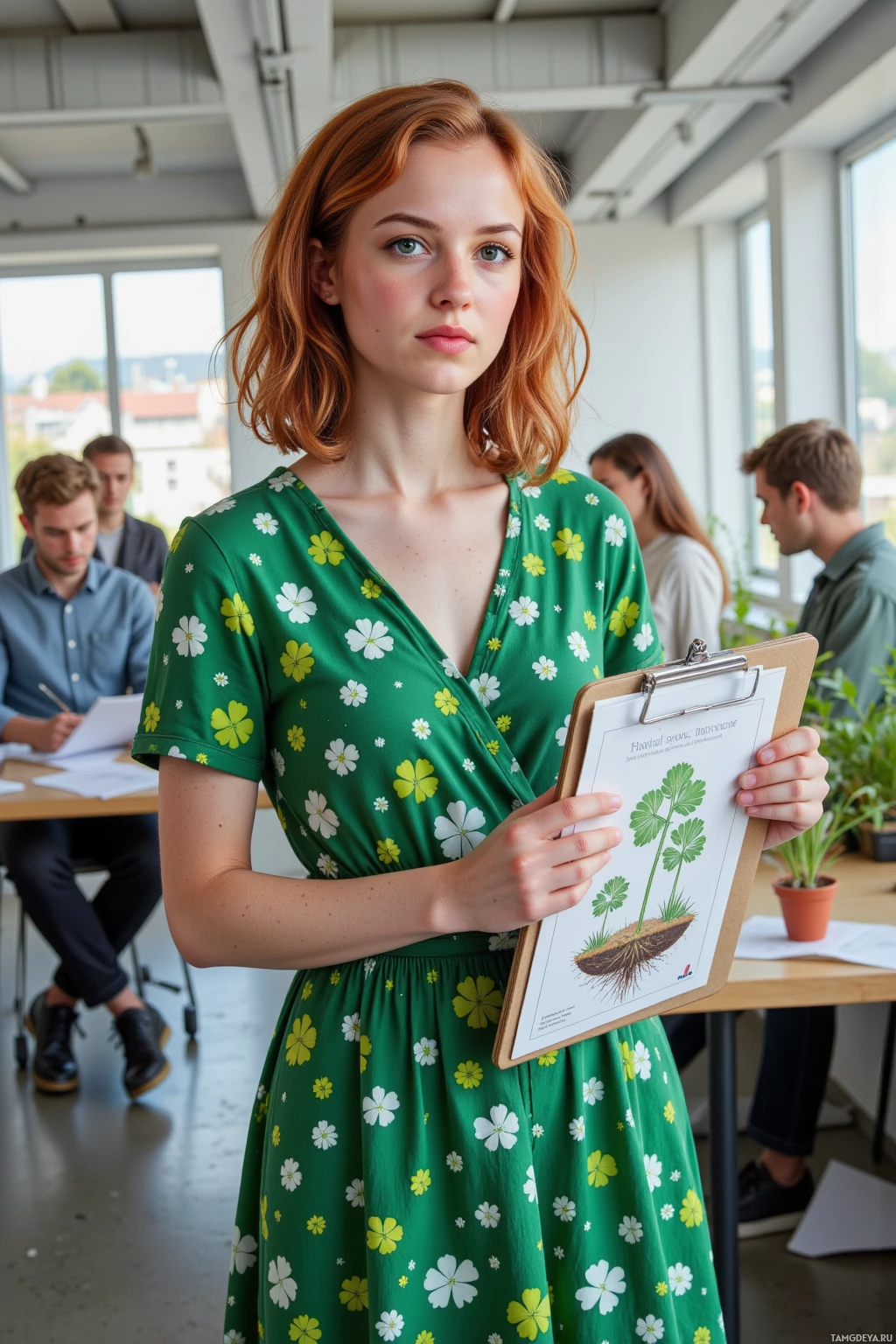 A person in a green floral dress holds a clipboard with a botanical diagram.