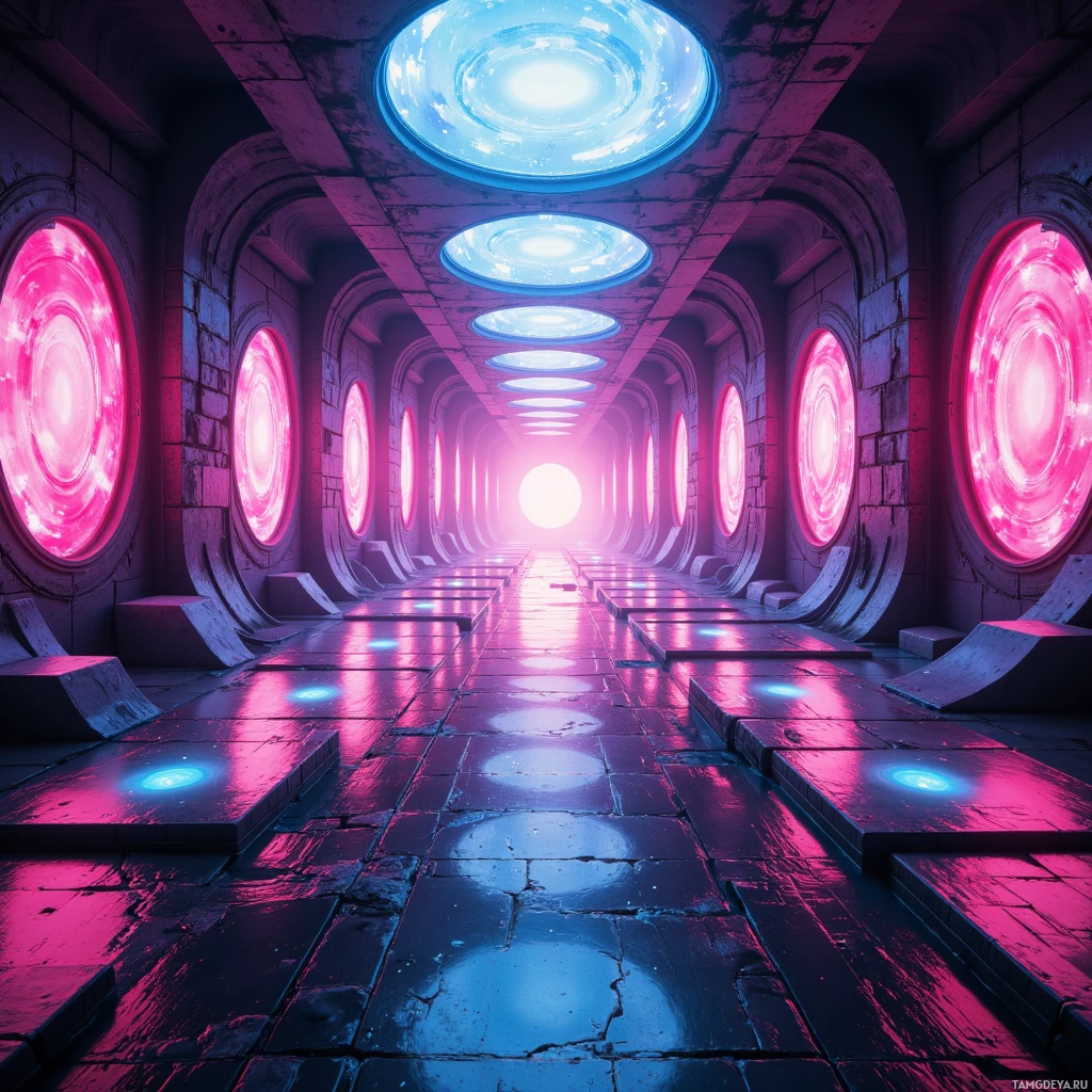 A futuristic corridor with glowing pink and blue lights.