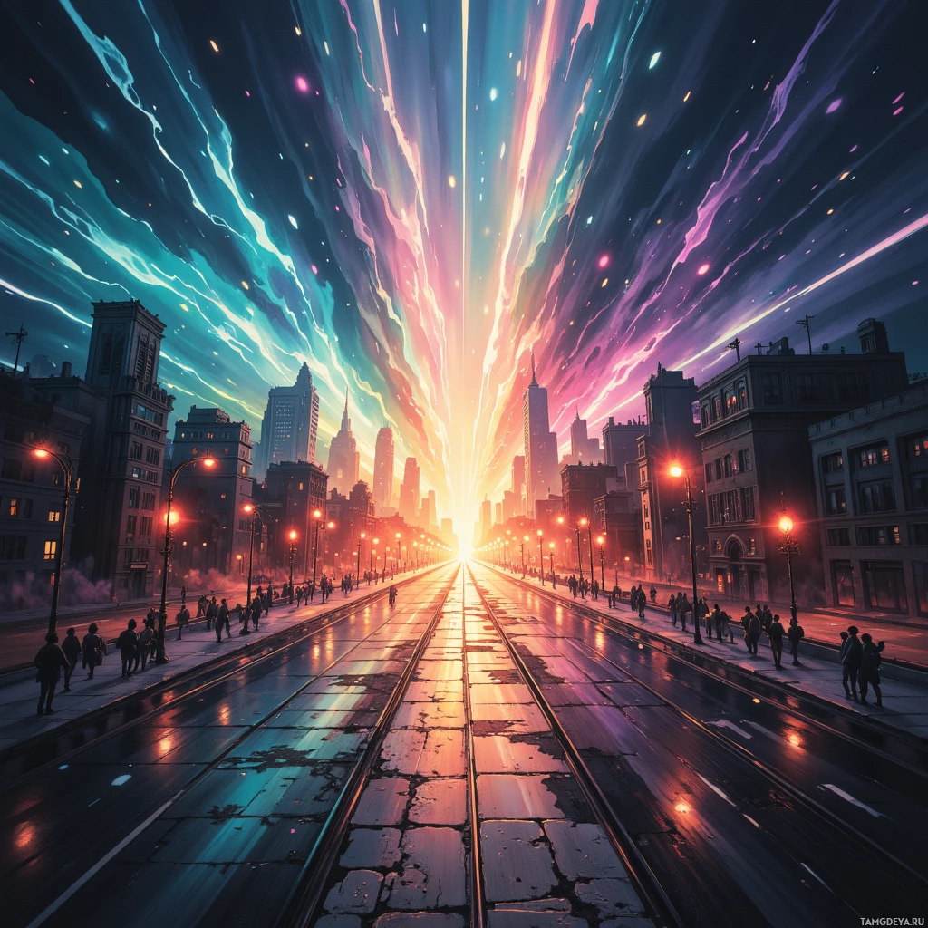 A vibrant cityscape with a colorful, dynamic sky and illuminated streets.