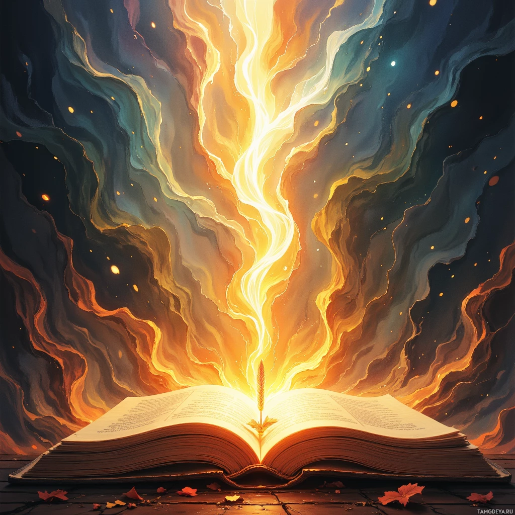 An open book emits a radiant, colorful light, creating a mystical and dynamic effect.