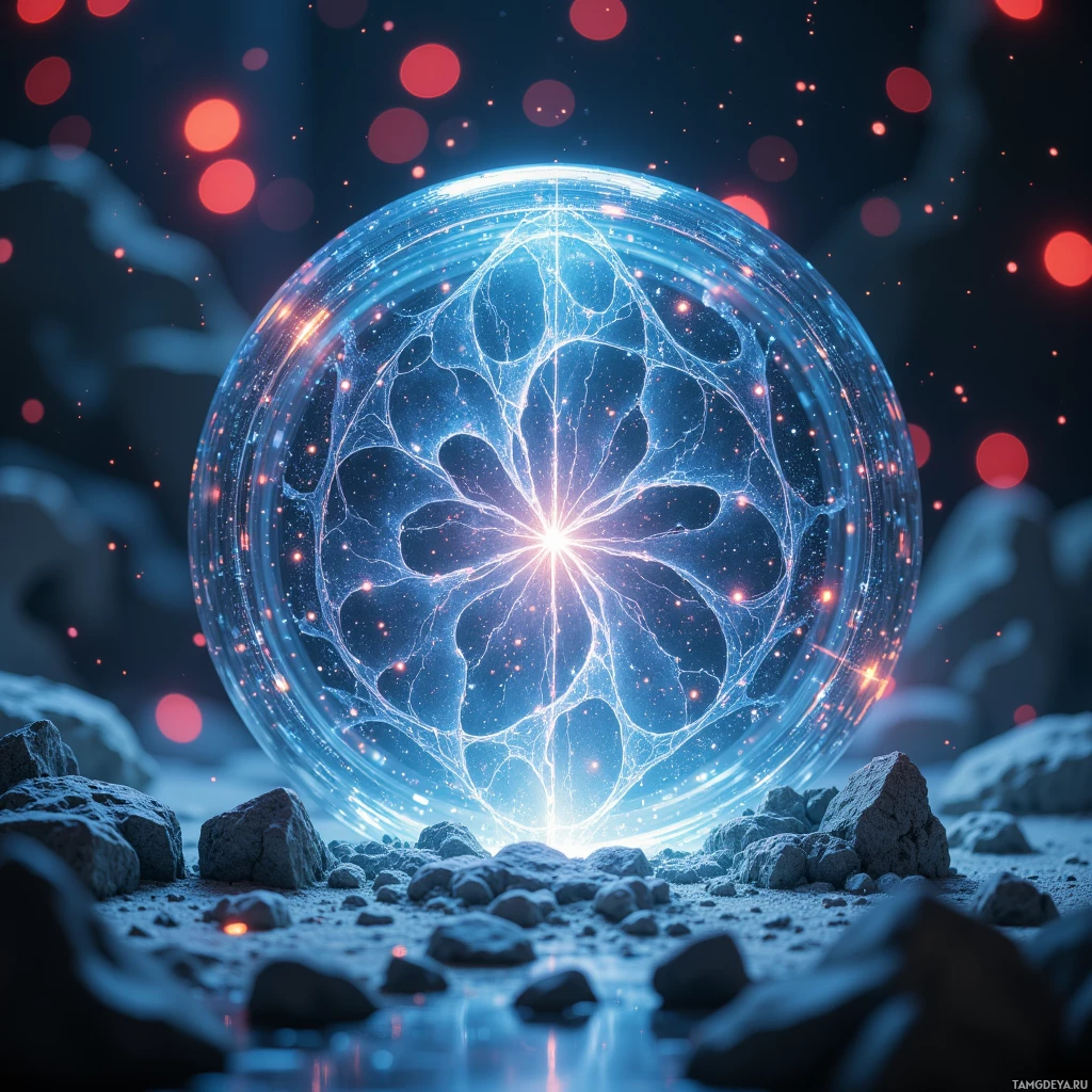 A glowing, intricate sphere with a spiderweb-like pattern sits amidst rocks and a starry background.