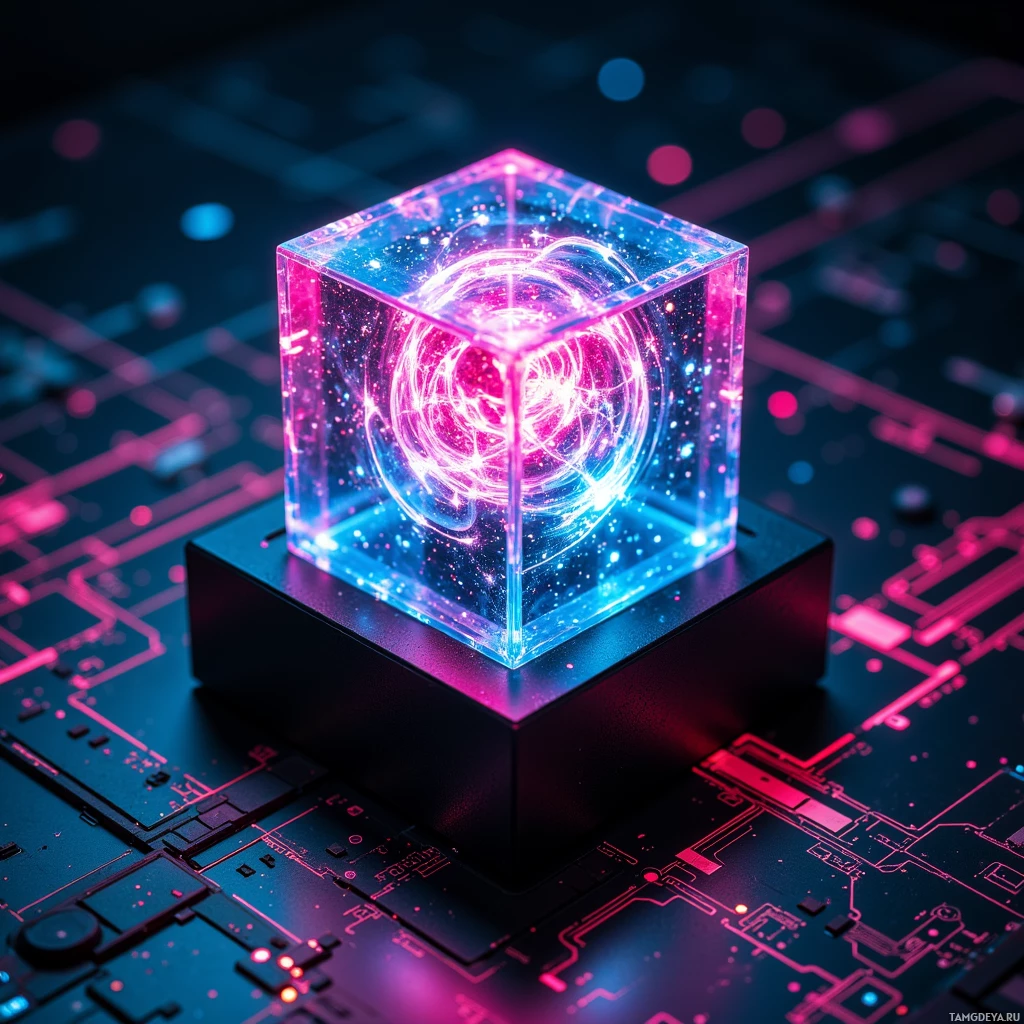 A glowing, transparent cube with a swirling, neon light pattern sits atop a circuit board.