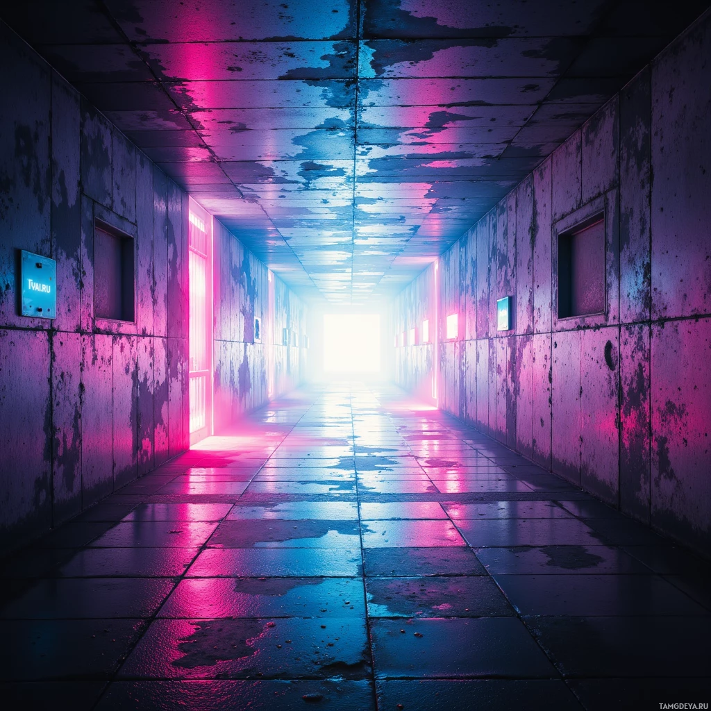 A dimly lit corridor with neon pink and blue lighting leading to a bright light at the end.