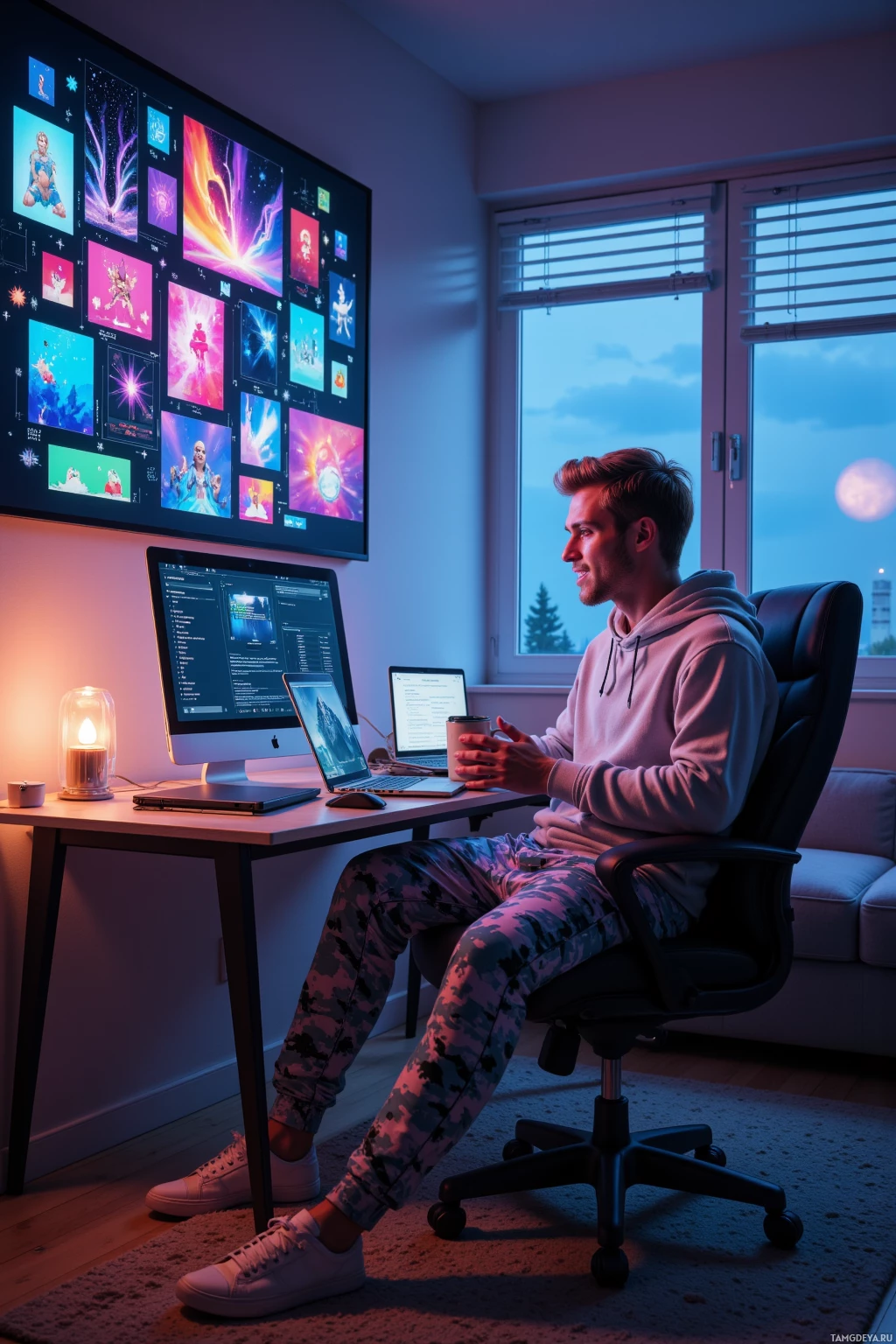 A person sits at a desk in a cozy room, working on a computer with multiple screens displaying colorful graphics.