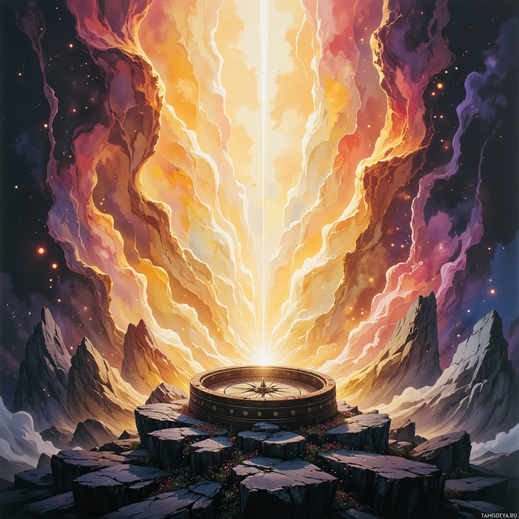 A compass sits on a rocky platform, glowing with light as it faces a radiant, cosmic portal.