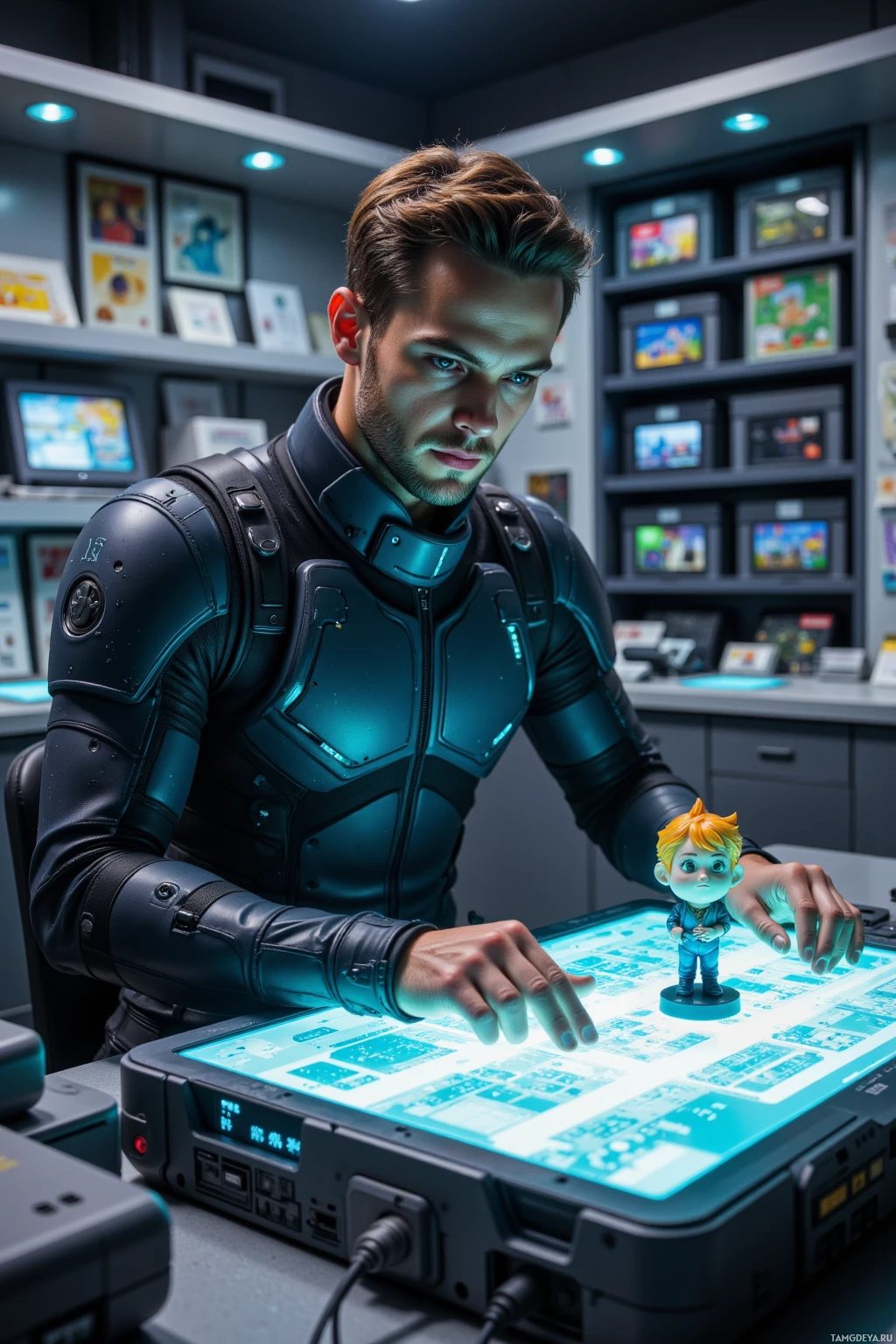 A person in a futuristic suit interacts with a glowing, interactive display in a tech-laden room.