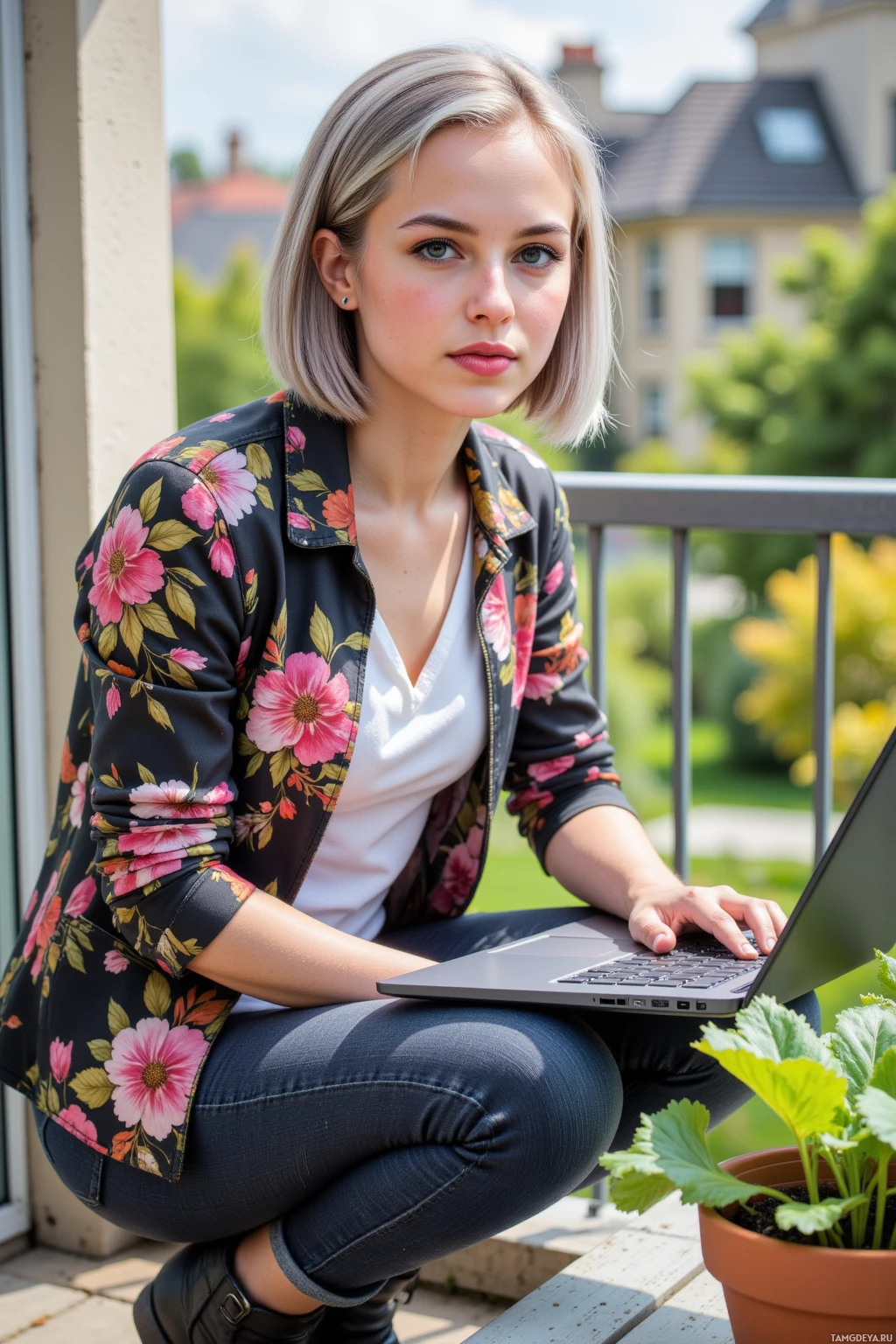 A person sits on a balcony, using a laptop with a potted plant nearby.