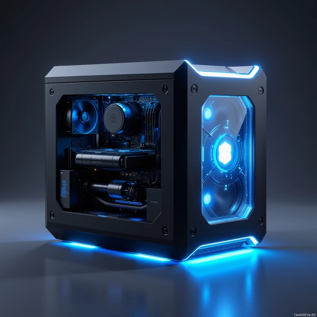 A sleek black computer case with blue lighting and transparent side panels showcasing internal components.