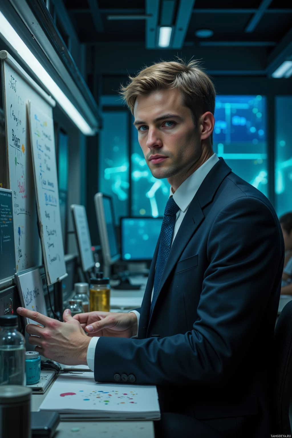 A man in a suit is seated at a desk in a laboratory setting, surrounded by scientific equipment and whiteboards.