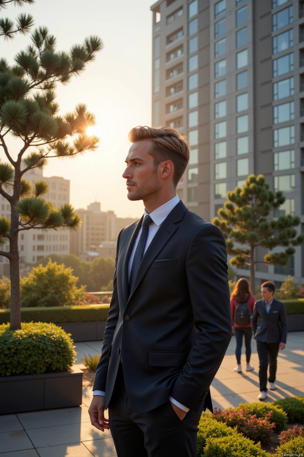 A man in a suit stands on a rooftop with trees and buildings in the background during sunset.
