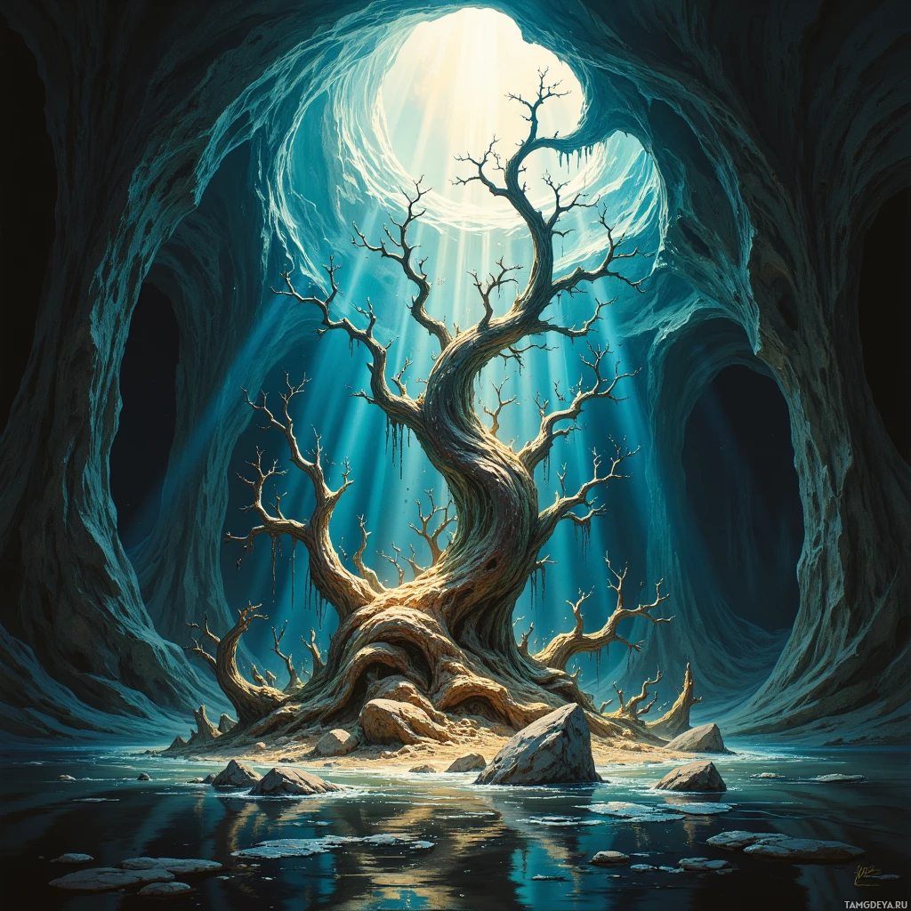 A tree with twisted branches stands in a cave with light streaming in from above.