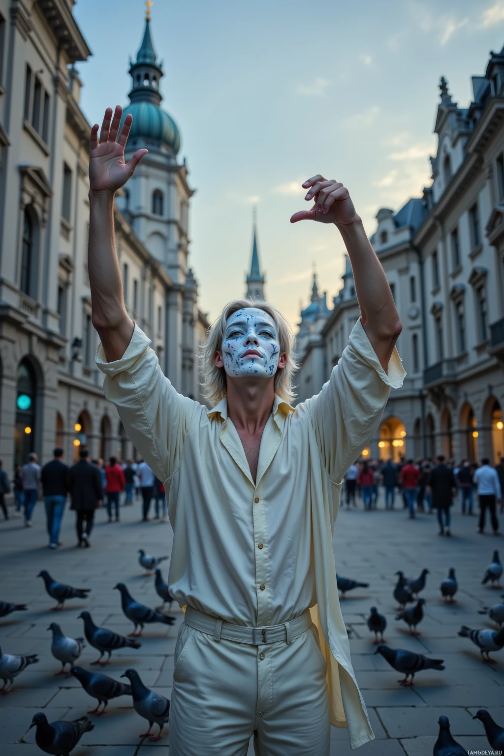 A person in a white shirt stands with arms raised in a city square surrounded by pigeons and historic architecture.