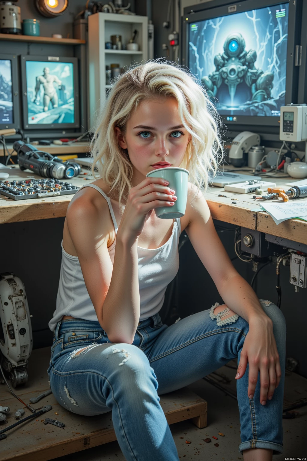 A person in a workshop setting, holding a cup, with monitors displaying a futuristic scene in the background.