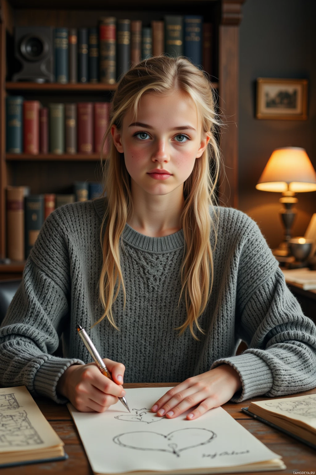 A young person wearing a gray sweater is sitting at a desk, drawing a heart on a piece of paper.