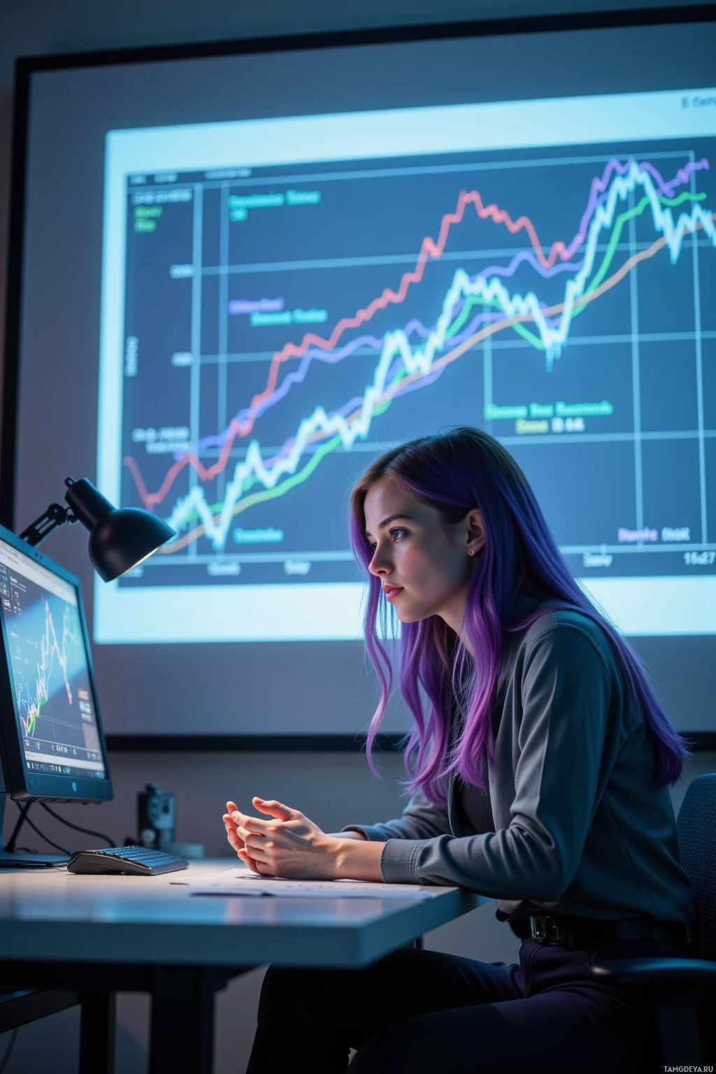 A person with purple hair sits at a desk, analyzing financial charts on a large screen.