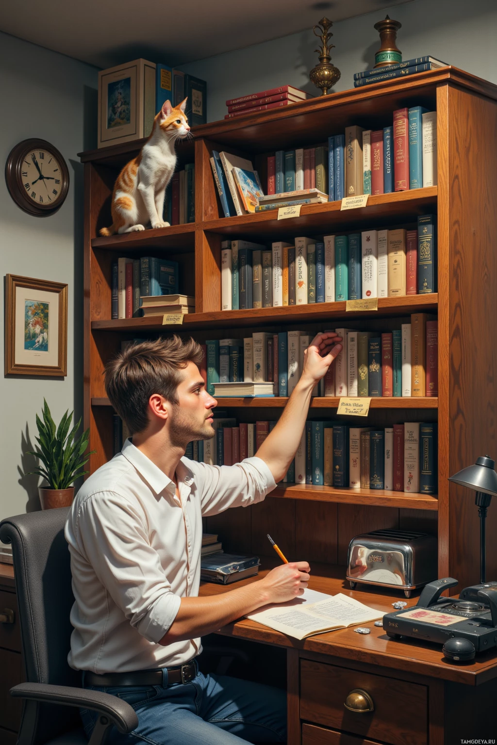 A man sits at a desk in a study, surrounded by books and a cat perched on a bookshelf.