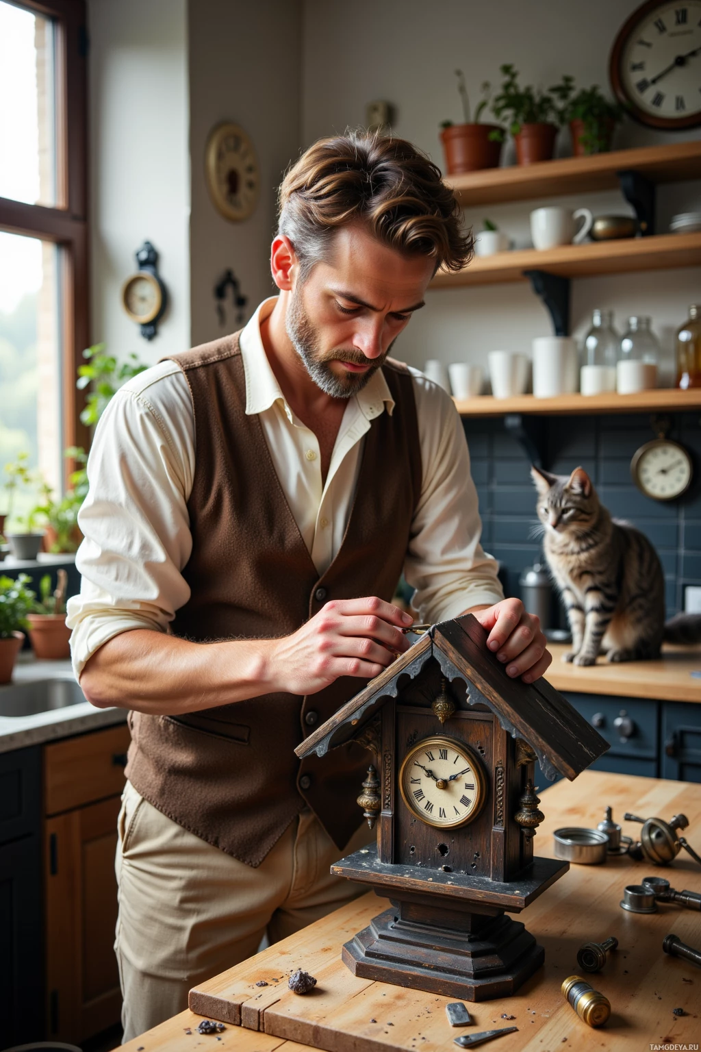 A man is repairing an antique clock on a wooden table.