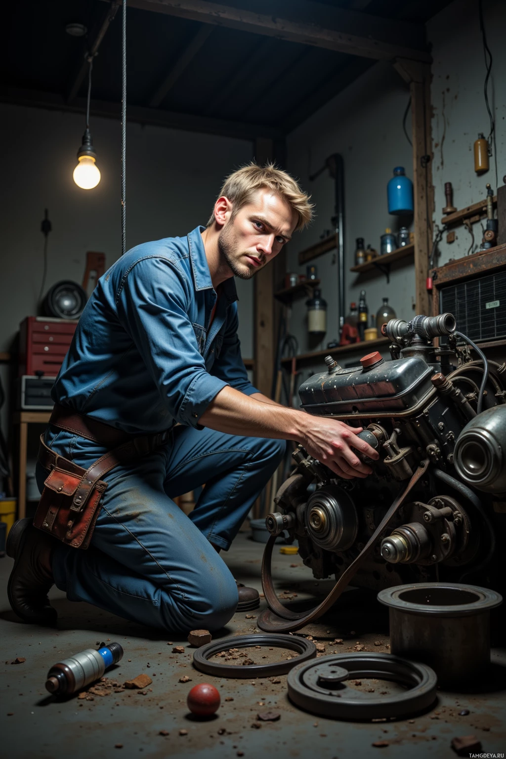 A man in a workshop kneels beside a large mechanical engine, surrounded by tools and equipment.