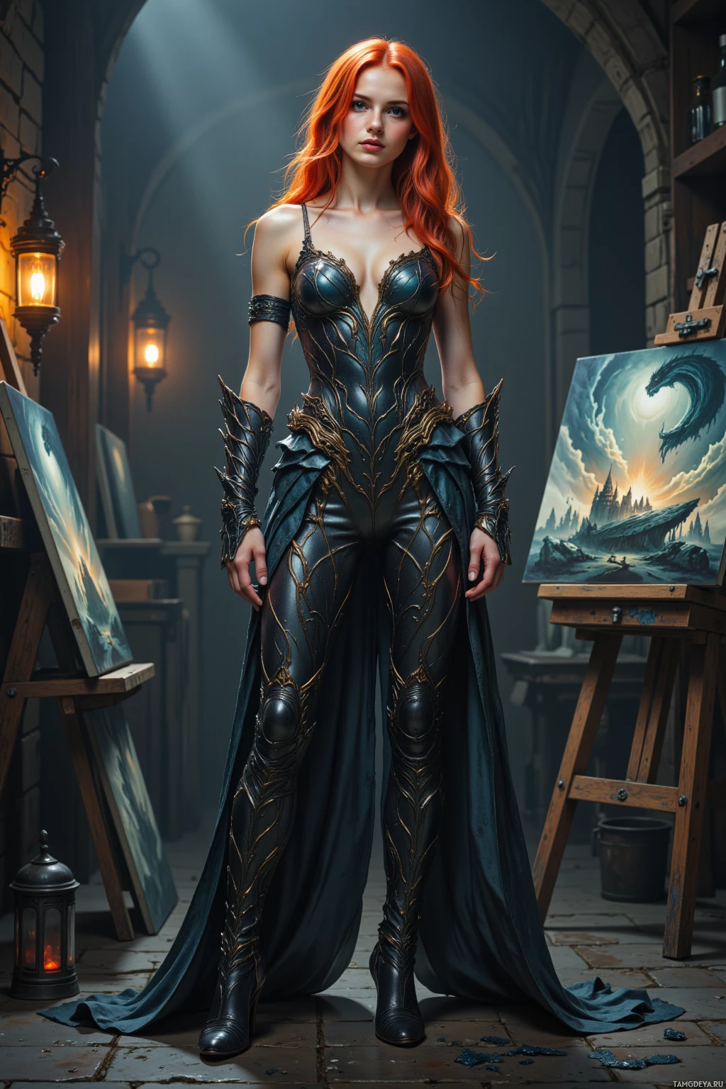 A woman in an elaborate, dark fantasy-inspired outfit stands in a dimly lit room with paintings and lanterns.