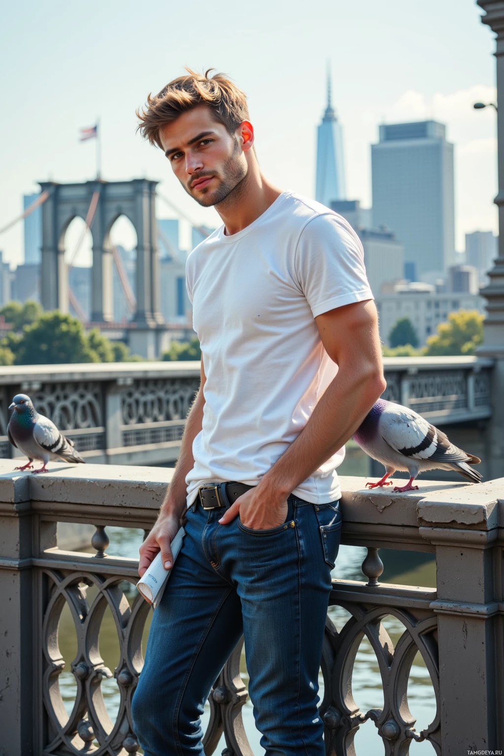 A man in a white t-shirt and jeans stands on a bridge with pigeons and a cityscape in the background.