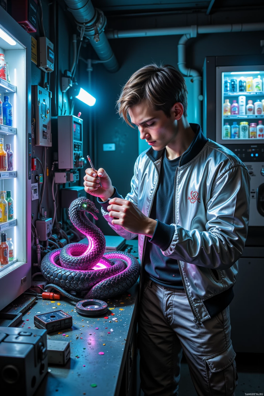 A person in a metallic jacket stands in a dimly lit room with a glowing snake and vending machines.
