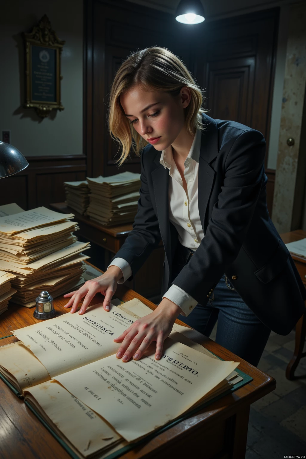 A woman in a suit leans over a desk, examining an open book.