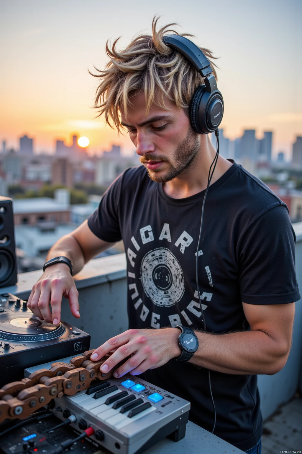 A person wearing headphones and a black t-shirt is operating a DJ setup on a rooftop at sunset.