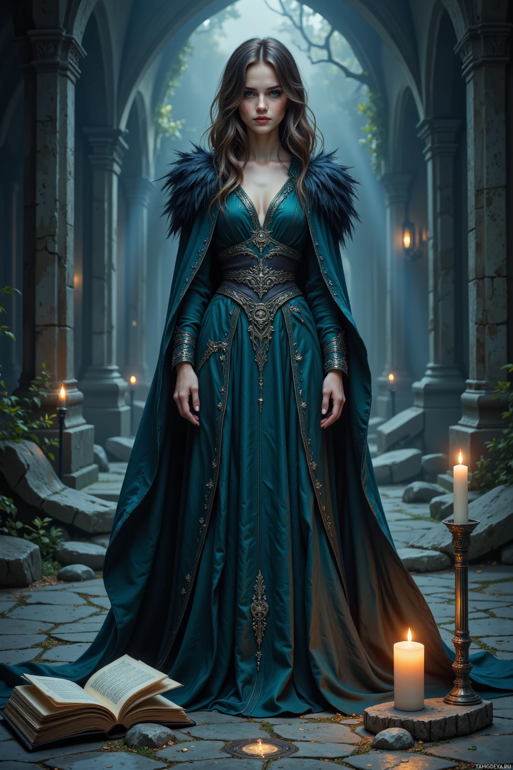 A woman in an ornate teal gown stands in a dimly lit, archway-lit courtyard.