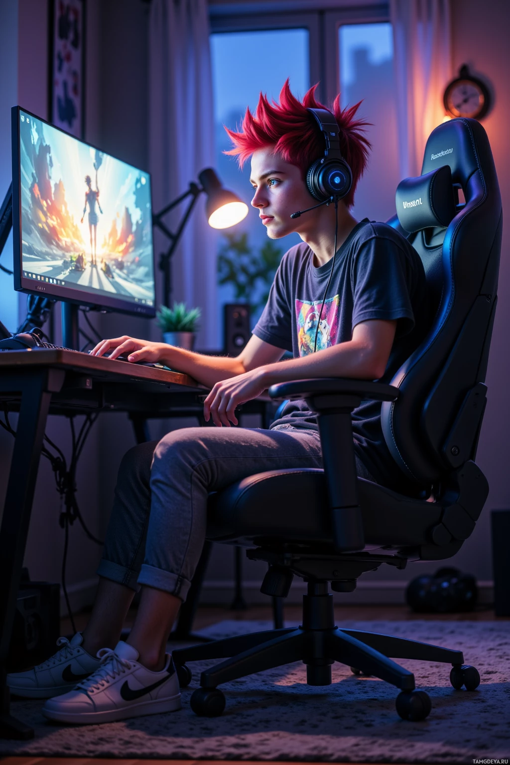 A person with spiky red hair sits in a gaming chair, wearing headphones, and plays a video game on a computer monitor.