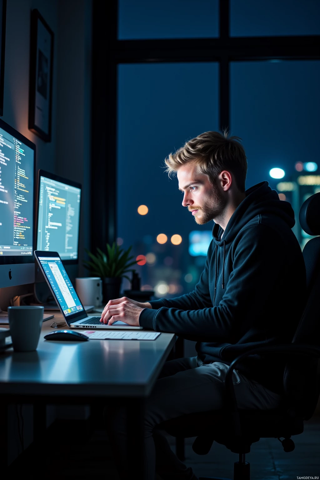 A person works at a desk with a laptop and dual monitors, illuminated by the glow of the screens.