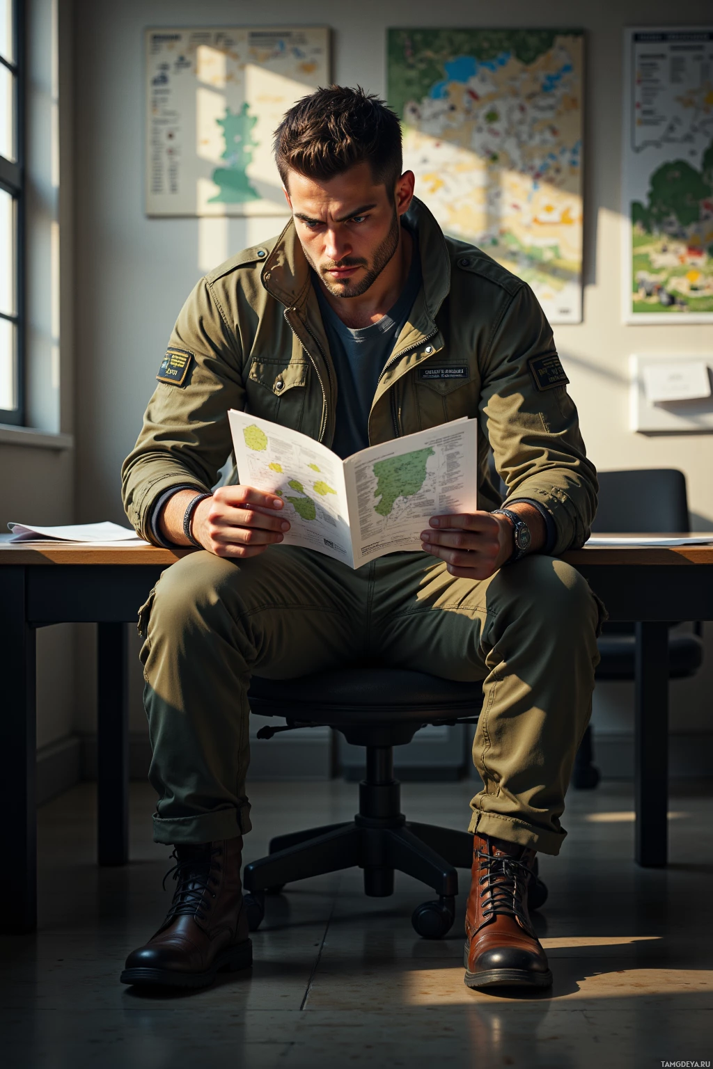 A man in military attire sits on a chair, reading a map.