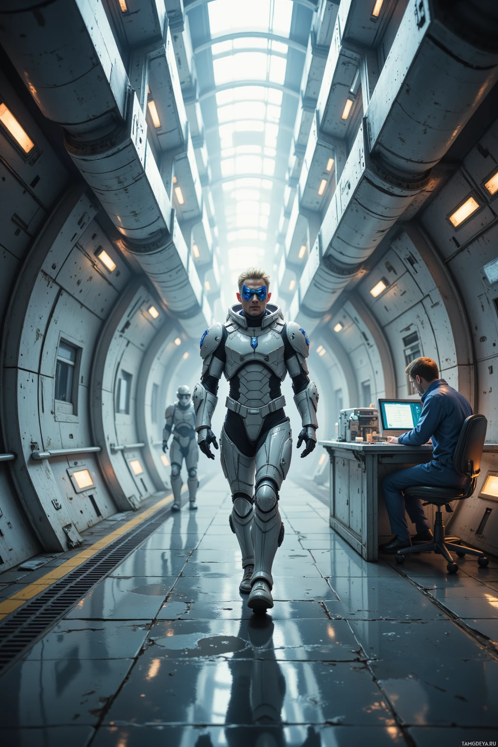 A futuristic scene featuring a person in a high-tech suit walking down a corridor with another individual working at a desk.