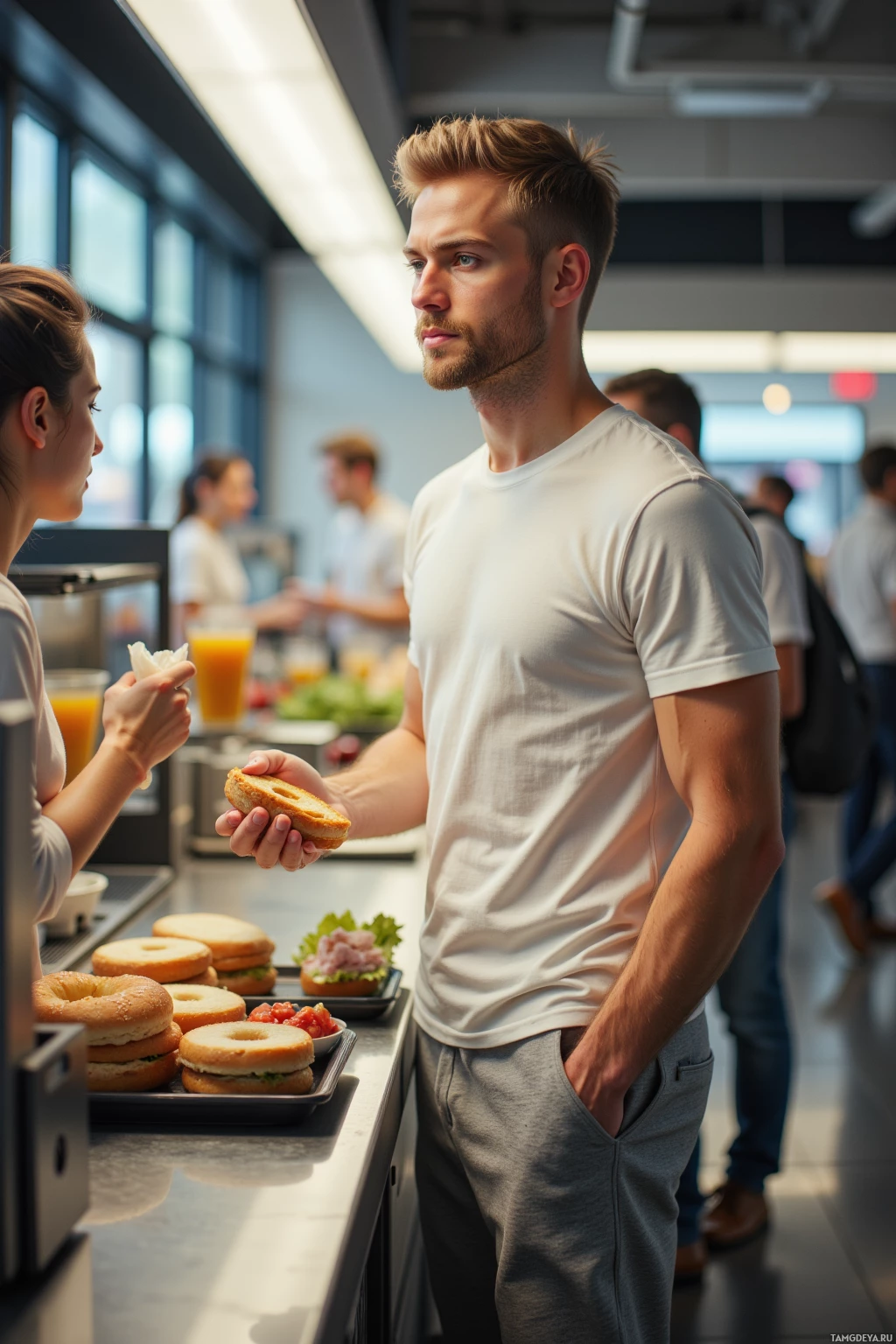A man and a woman are standing in a kitchen, holding food items.