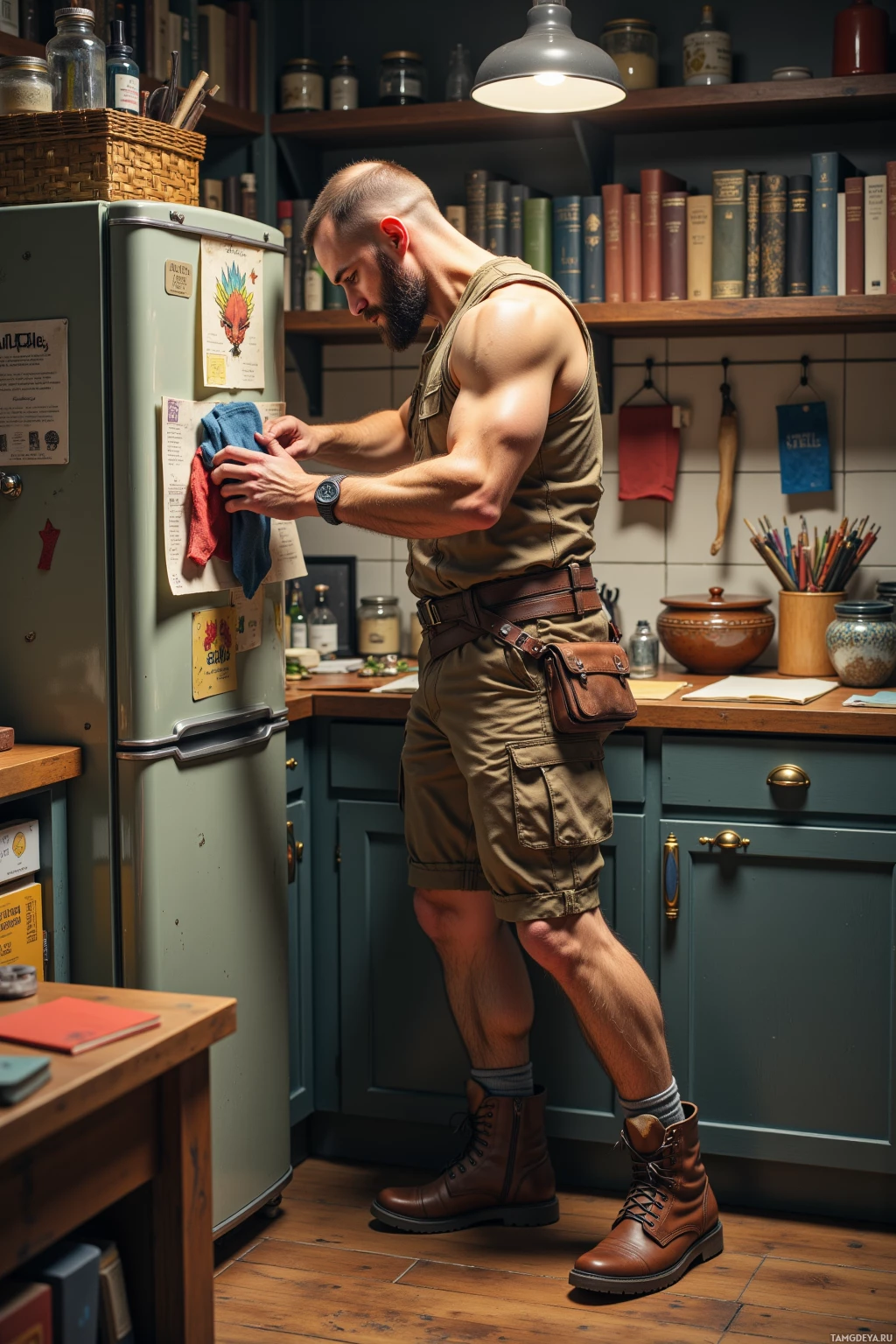 A muscular man in a sleeveless shirt and cargo shorts stands in a kitchen, adjusting his watch.