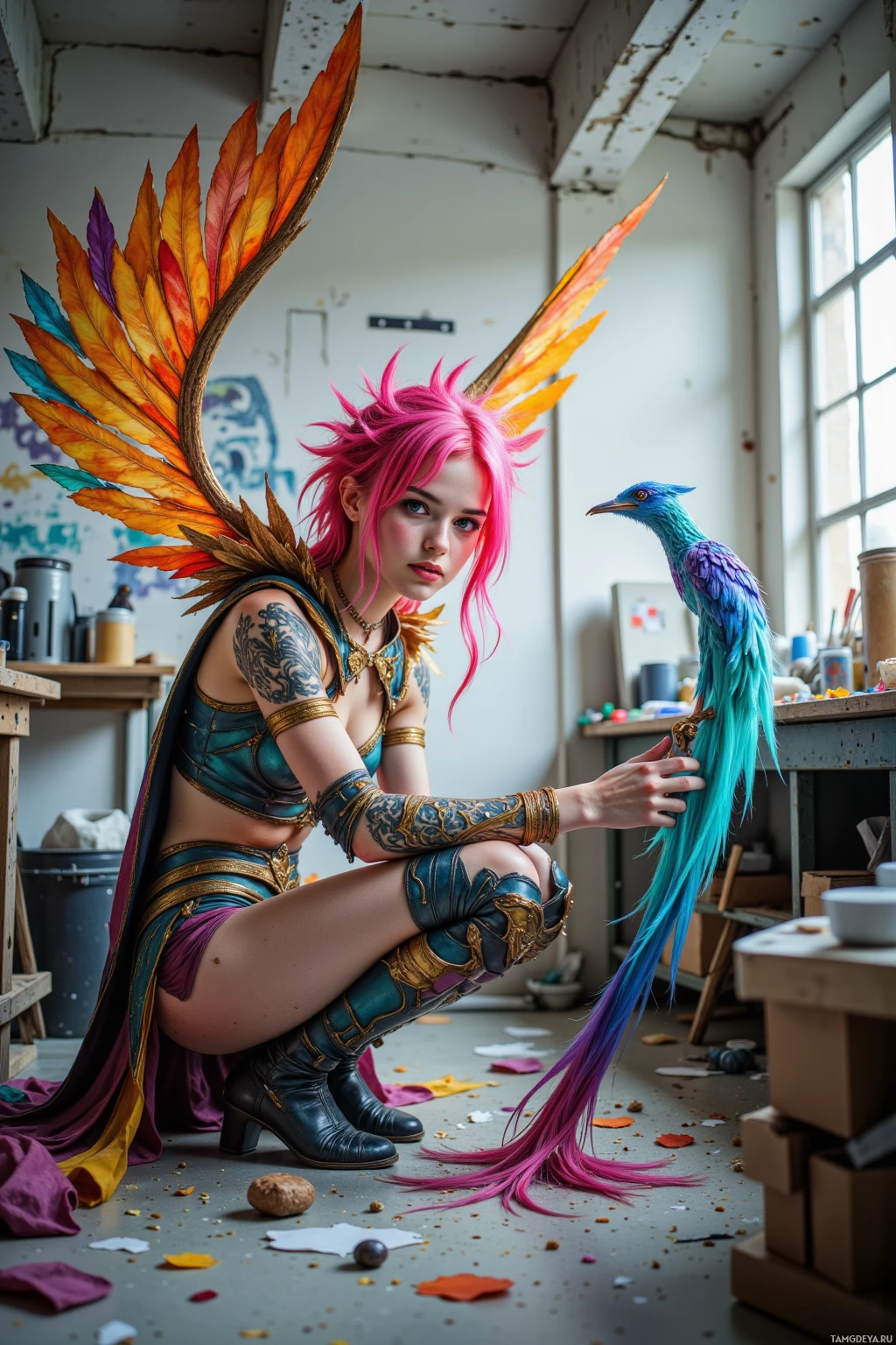A person in a fantasy-themed costume with vibrant pink hair and large, colorful wings, kneeling in a cluttered room.