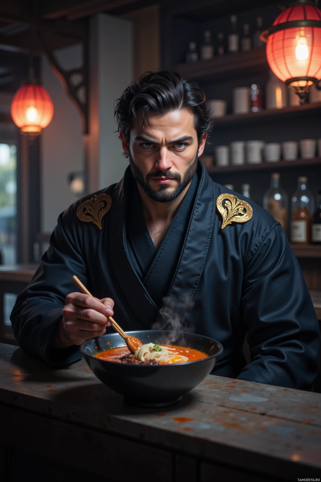 A man in a dark kimono holds chopsticks over a steaming bowl of soup in a dimly lit setting.